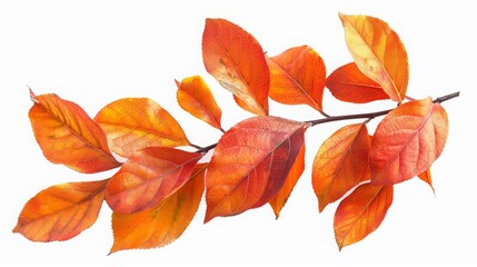 Fototapeta premium A branch of a tree with orange leaves on a white background.
