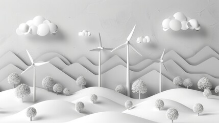 Paper art , renewable energy with green energy as wind turbines , Renewable energy by 2050 Carbon neutral energy , Energy consumption and CO2, Reduce CO2 emission concept hyper realistic  - obrazy, fototapety, plakaty