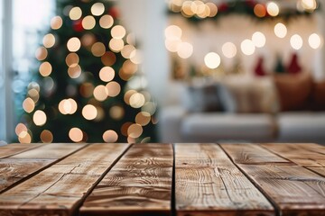 Empty wood table top with abstract warm living room decor with christmas tree blur background with bokeh light,Holiday backdrop,Mock up banner for display of advertise product ,luxury house