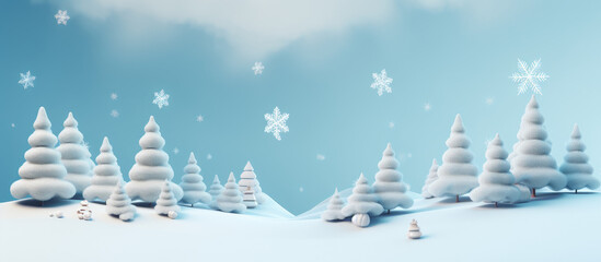 Winter landscape with snowdrifts and snowy fir trees. . Festive holiday xmas horizontal banner with stars, cloud, snowfall and moon.