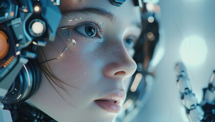 A beautiful photo of a young girl who is half human and half robot - obrazy, fototapety, plakaty