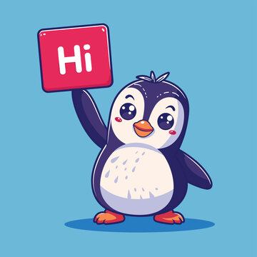 recommend clip art: Cute penguin holding hi sign flat vector illustration