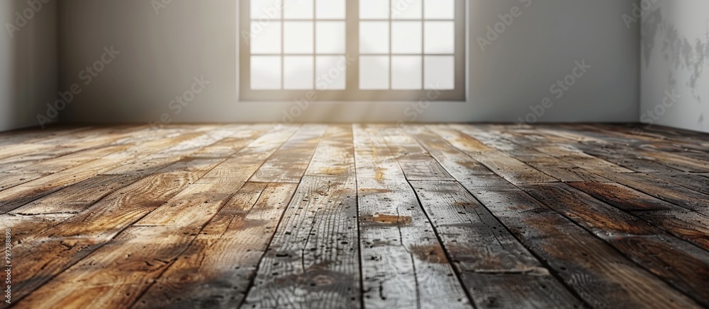Poster the image showcases a close-up view of a room with a window and a floor made of wood planks