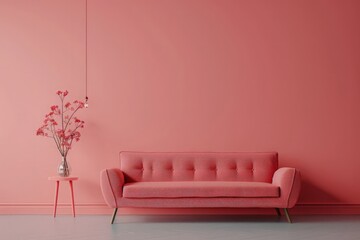 Gray sofa in pink living room and blank space for mockup, 3D rendering