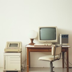 Vintage computer setup in a clean white minimalist room a study in focus
