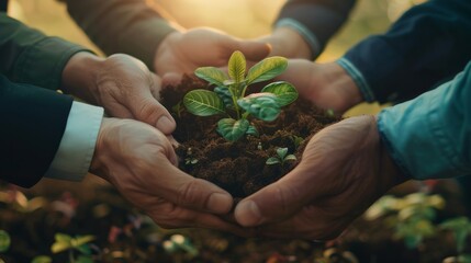 Plants, sustainability and the earth in the hands of business people for teamwork, support or environment Collaborating, growing, and investing in people and the soil for the future. hyper realistic 