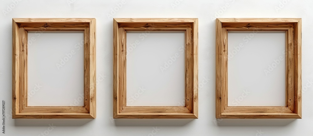 Aufkleber set of three wooden frames hanging on a white wall, creating a simple and elegant display for photog