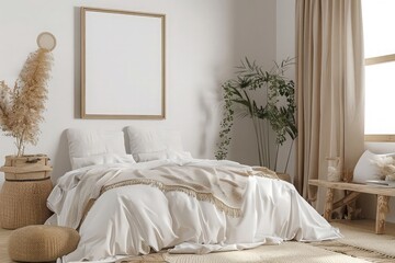 Home interior with poster mockup, Scandinavian Bohemian style, 3d render