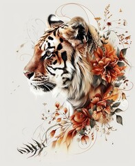 A watercolor painting of a tiger's face with a flower crown made of orange and red flowers.