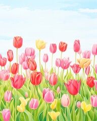 A field of red, pink and yellow tulips, painted in a realistic style.