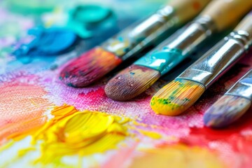 Fototapeta premium A close-up of paintbrushes on a canvas with bright colors