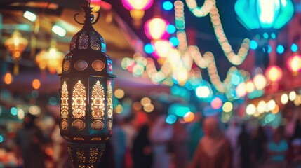 Eid mubarak and ramadan kareem greetings with islamic lantern - obrazy, fototapety, plakaty