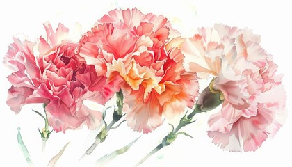 Carnations layer ruffled petals in shades that dance vividly in a watercolor dream, kawaii water color, bright water color