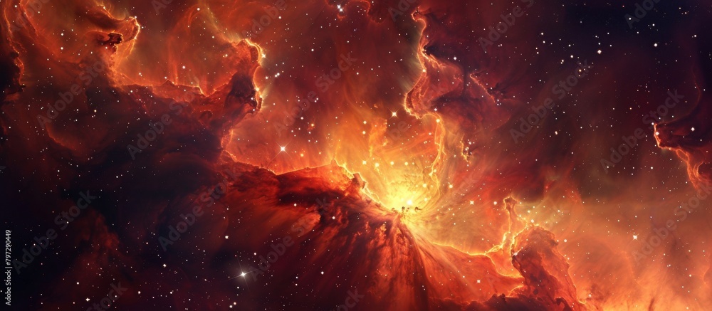 Poster bright orange nebula shining against a backdrop of a sky filled with countless stars, creating a mes