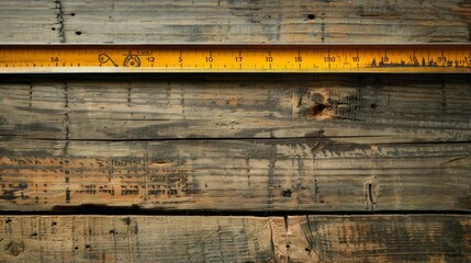 Highlighting a ruler aligned against a wooden plank, this tool remains essential in drafting, close up with copy space