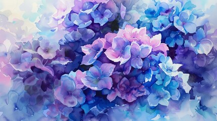 Fototapeta premium A watercolor painting of blue and purple hydrangeas.