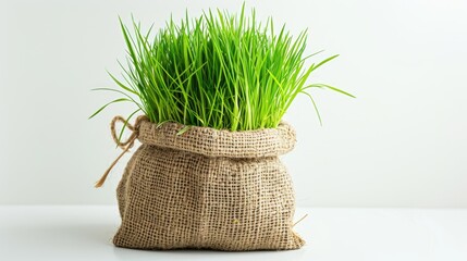 a tuft of luscious grass sticking out of a bag on a white background  