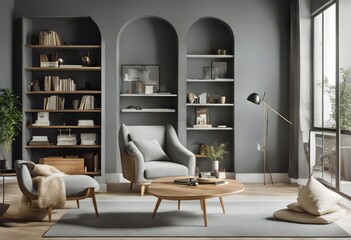 interior armchair square bookshelf living room up Grey mock