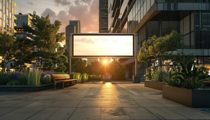 A photo of a blank billboard in a city at sunset.
