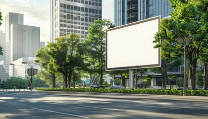 A photo of a blank billboard in a city at sunset.