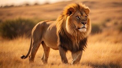 A majestic lion with a flowing mane, standing tall and proud on the African savannah, its golden fur glistening in the warm sunlight.