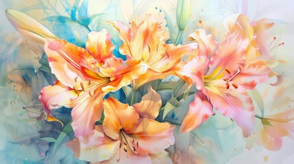 A watercolor painting of orange lilies with green leaves and a blue background.