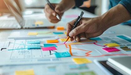 A photo of two people brainstorming ideas. One person is holding a pen and the other is holding a pencil. They are surrounded by sticky notes and papers.