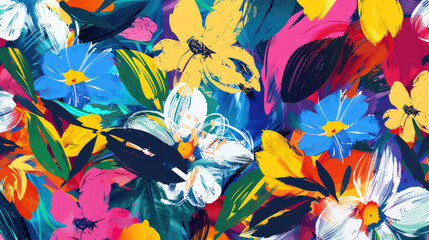 Bright contrast multicolored floral pattern with brush strokes of paint
