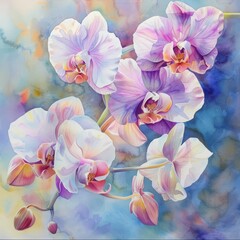 A watercolor painting of white and purple orchids with a blue background