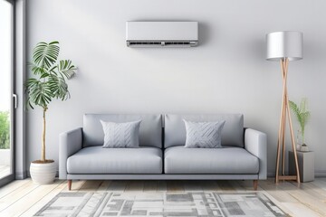 Modern Living Room Interior With Air Conditioner, Gray Sofa, Floor Lamp And Potted Plant
