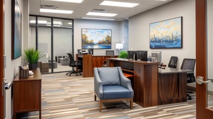 A financial planning office with client portfolios on desks and a calm, trustworthy environment 