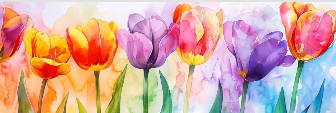 A watercolor painting of tulips in a field with a rainbow background.