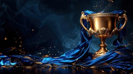 The cup with a shiny golden surface decorated with blue ribbons symbolizes victory and excellence. Generative AI