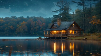Fototapeta premium Cabin on a Lake at Night With Stars in the Sky