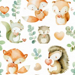 Obraz premium Watercolor painting of group of woodland animals, including a fox, a squirrel, and a hedgehog, are holding hearts in their paws