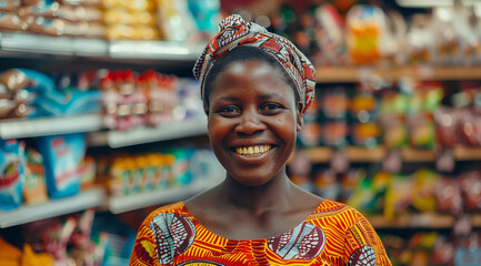 Happy african female shop employee assisting customers in supermarket - Powered by Adobe