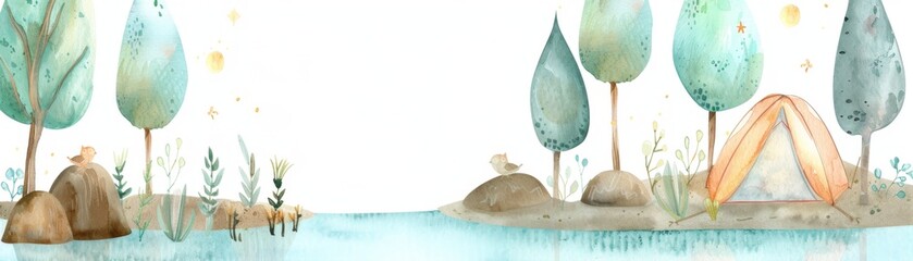 Watercolor painting of a forest with a tent and a rock by the water. The mood of the painting is peaceful and serene
