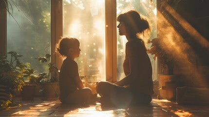 Woman and Child Sitting on Floor in Front of Window