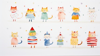 Watercolor painting of a group of cats are standing in a row, with some wearing striped shirts and others wearing dresses. The image is colorful and playful, with a sense of whimsy and fun
