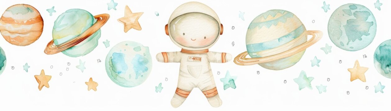 Watercolor painting of a cartoon of a little astronaut standing in front of a line of planets. The image has a playful and imaginative mood