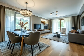 Fototapeta premium Real photo of a dining area, television and gray couch in open space living room interior