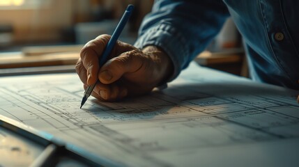 Closeup of an architects hand drawing a line with a ruler on a design blueprint, meticulous detail