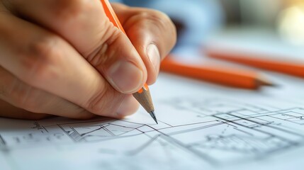 Naklejka premium Closeup of an architects hand drawing a line with a ruler on a design blueprint, meticulous detail