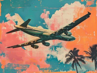 Summer adventure. Pop art collage with an image of an airplane. 