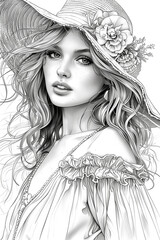 A woman with long hair and a flowery hat