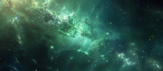 Vivid celestial scene featuring a vast expanse of green and black galaxy studded with twinkling stars and glowing nebulas