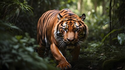 A fierce and powerful tiger, stalking through the dense jungle, its piercing gaze fixed on its prey.