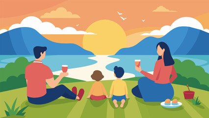 A family picnic on a grassy hill with everyone holding glasses of fruit punch and admiring the sunset over a nearby lake..