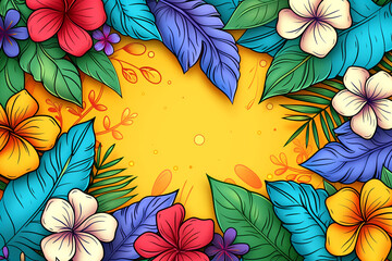 A colorful drawing of flowers and leaves with a yellow background