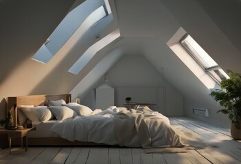 attic 3d render bedroom interior White